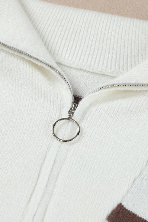 Striped O-Ring Zip Front Collared Drop Shoulder Long Sleeve Sweater Dress